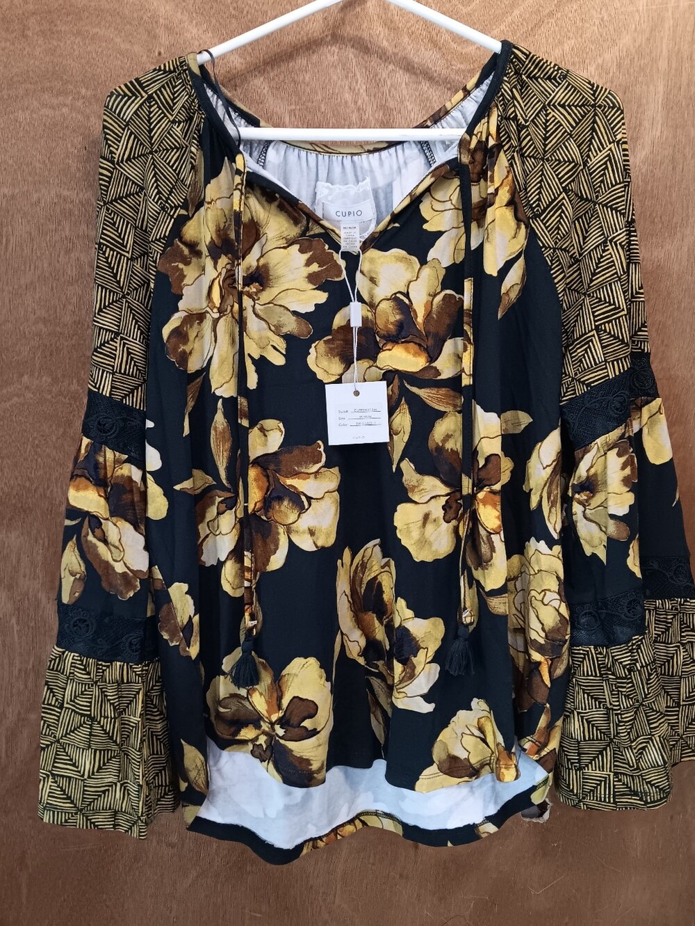 Cupio Black Floral Mixed-Print Peasant Blouse with Yellow Accents